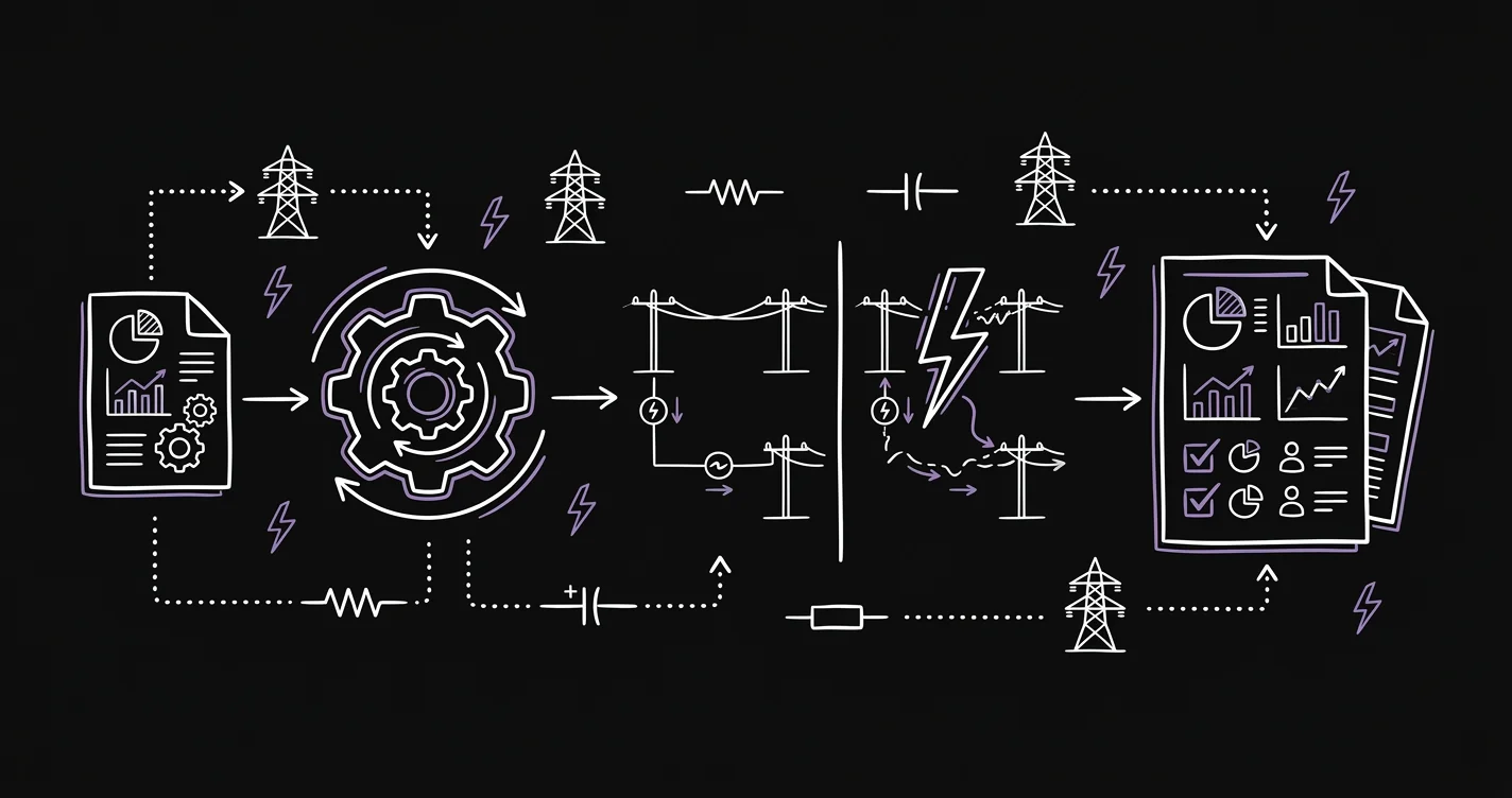 Automated grid analysis flow: simulation input, processing engine, structured report output