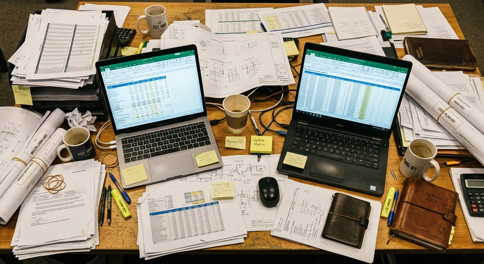 The reality before PowerGrid AI: multiple laptops with overlapping spreadsheets and paper documents